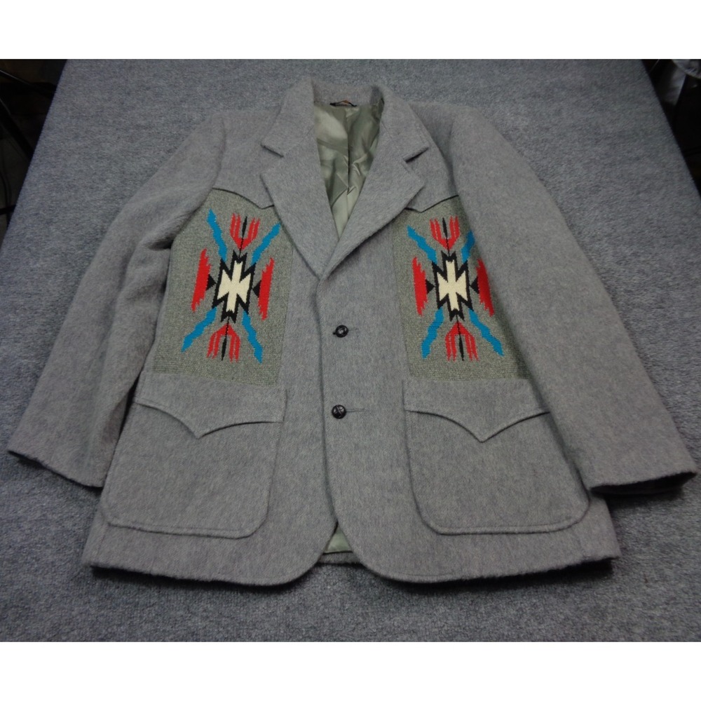 Vtg Golden Collection Blazer Men 44 Gray Pioneer Wear Chimayo Blanket Aztec Coat